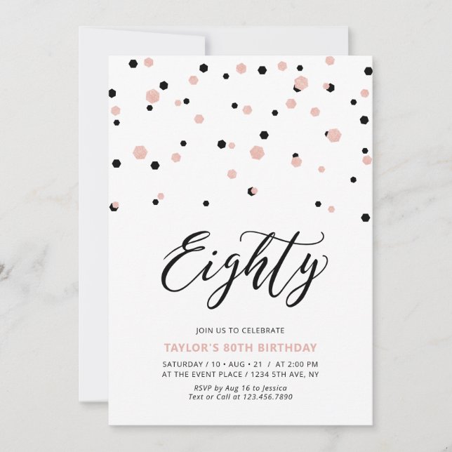 Invitación Black Rose Gold Simple Ochenta 80 Cumpleaños (Anverso)