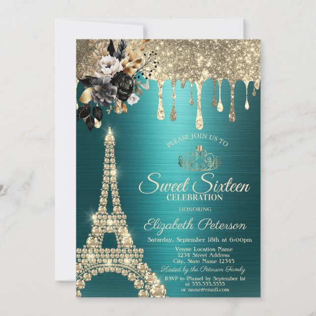 Invitación Black Roses Eiffel Tower Gold Drips Green Sweet 16 (Anverso)