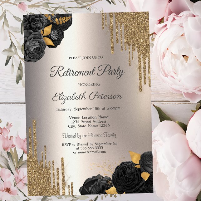 Invitación Black Roses Glitter Drips Ivory Retirement Party (Subido por el creador)