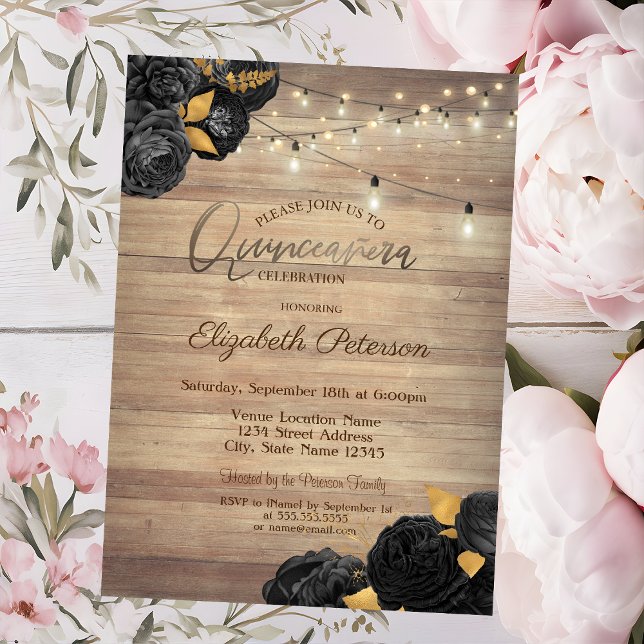 Invitación Black Roses,String Lights,Wood Texture Quinceañera (Subido por el creador)