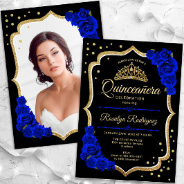 Invitación Black Royal Blue Gold Photo Quinceanera