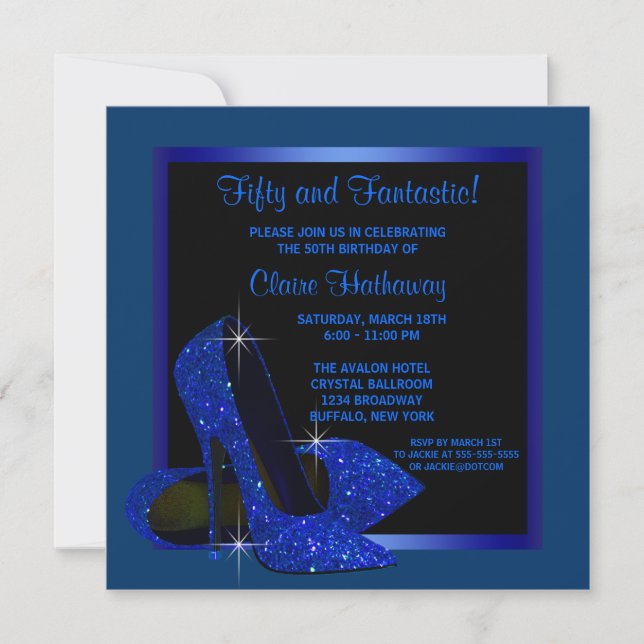 Invitación Black Royal Blue High Heels Fiesta de cumpleaños d (Anverso)