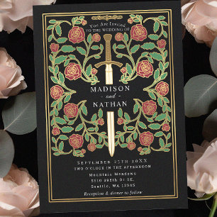 Invitación Black Royal Sword Floral Medieval Fantasy Boda
