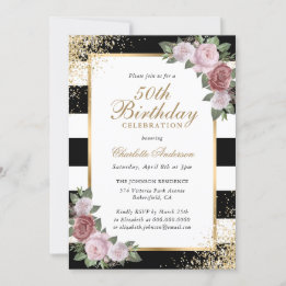 Invitación Black Rubor Gold Confetti Floral 50 cumpleaños