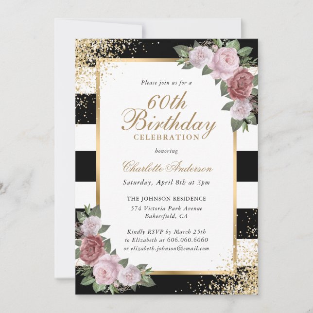 Invitación Black Rubor Gold Confetti Floral 60 cumpleaños (Anverso)