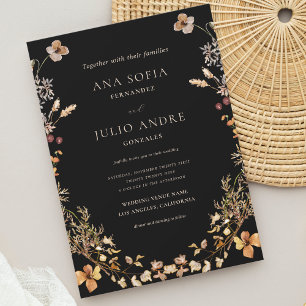 Invitación Black Rustic Wildflower Wreath Frame Fall Wedding