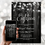 Invitación Black Rustic Wood 18th Birthday Party<br><div class="desc">Elevar la celebración del hito de su invitado de honor con esta invitación de fiesta de 18 años de madera rústica negra. Moderno y con estilo, es el lugar perfecto para una noche inolvidable. La personalización de las invitaciones es una brisa, basta con rellenar los detalles esenciales utilizando las plantillas...</div>