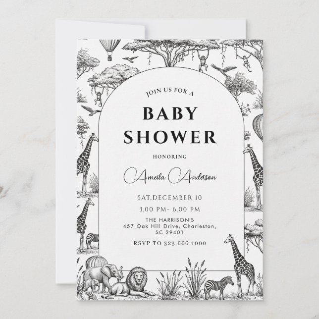 Invitación black  Safari Toile De Jouy Boy Baby Shower  (Anverso)