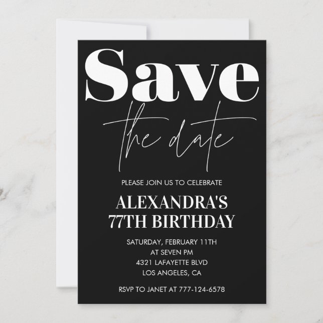 Invitación Black Save the date cumpleaños 77 (Anverso)