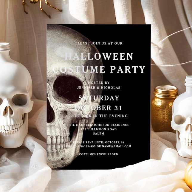 Invitación Black Scary Skull Adulto Costume Fiesta Halloween (Black Scary Skull Adult Costume Party Halloween Invitation)