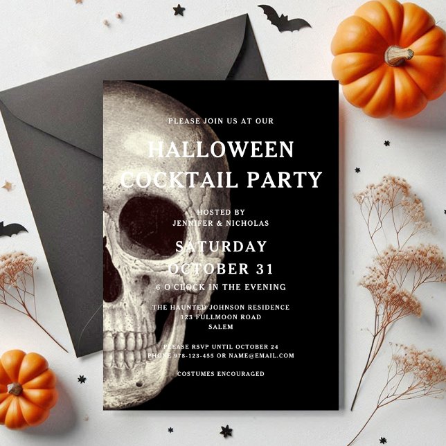 Invitación Black Scary Skull Adulto Halloween Fiesta de cócte (Black Scary Skull Adult Halloween Cocktail Party Invitation)