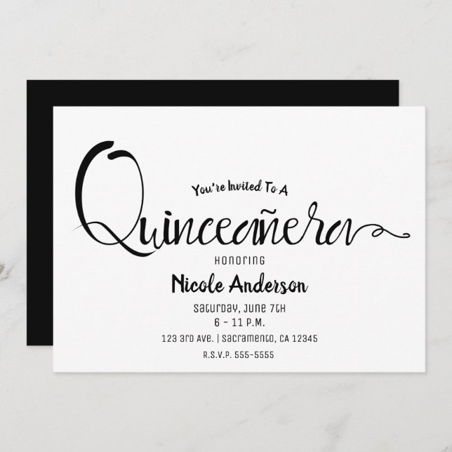 Invitación Black Script Modern Minimal Quinceañera Quince (Anverso / Reverso)