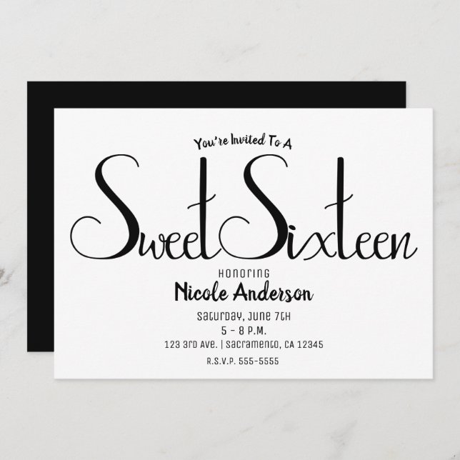 Invitación Black Script Modern Minimal Sweet Dieciséis Fiesta (Anverso / Reverso)
