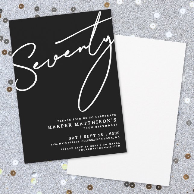 Invitación Black Seventy 70th Birthday Party (Black Minimalist Seventy 70th Birthday Party Invitation)