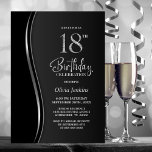 Invitación Black Silver 18th Birthday Party<br><div class="desc">Invite a sus amigos y seres queridos con esta moderna invitación de fiesta de cumpleaños 18 en negro y plata. El área de texto de personalizable de esta plantilla de invitación le permite incluir sin esfuerzo todos los detalles necesarios para su celebración especial de cumpleaños, incluyendo la fecha, hora, lugar...</div>