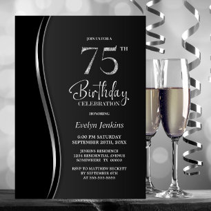 Invitación Black Silver 75th Birthday Party