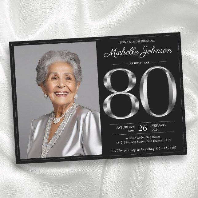 Invitación Black Silver 80° cumpleaños (Black Silver 80th Birthday Invitation)