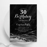Invitación Black Silver Agate 30° cumpleaños<br><div class="desc">Invitación a la fiesta de cumpleaños 30 años de negro y plata. Elegante diseño moderno con fondo geodésico de mármol agate acuarela, letra falsa purpurina plateada y tipografía. La carta de invitación de moda es perfecta para una elegante celebración del cumpleaños de las mujeres. Invitaciones Zazzle impresas o una plantilla...</div>