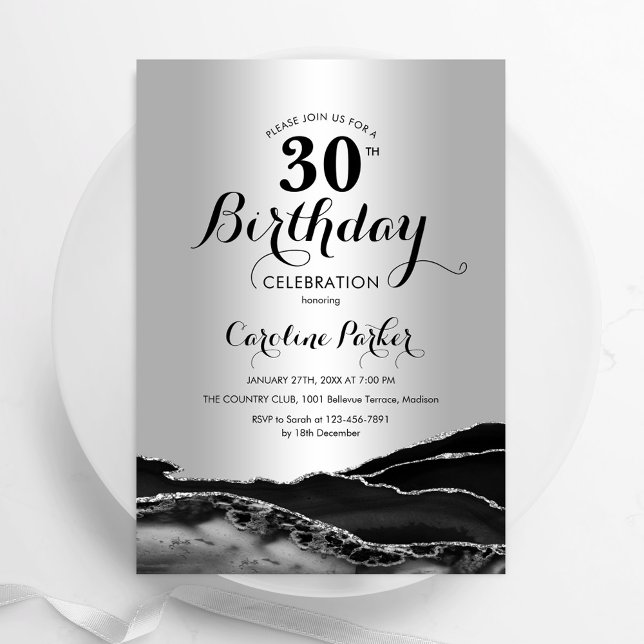 Invitación Black Silver Agate 30° cumpleaños (Subido por el creador)