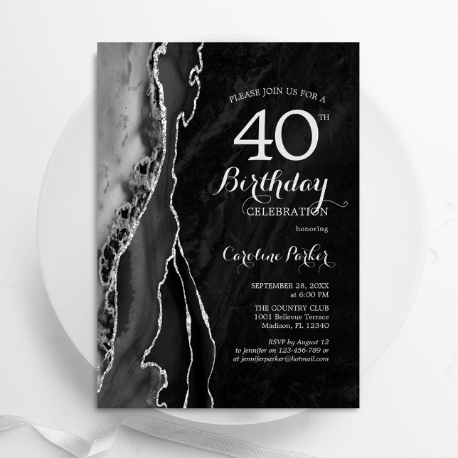 Invitación Black Silver Agate 40th Birthday (Subido por el creador)