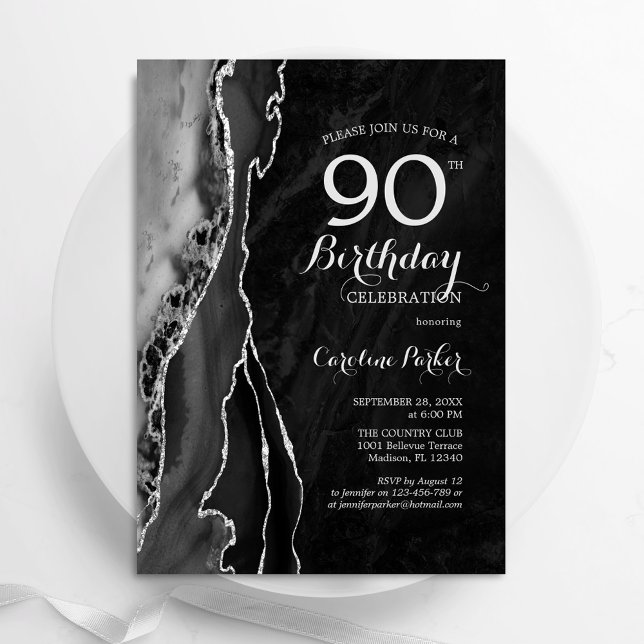 Invitación Black Silver Agate 90 cumpleaños (Subido por el creador)