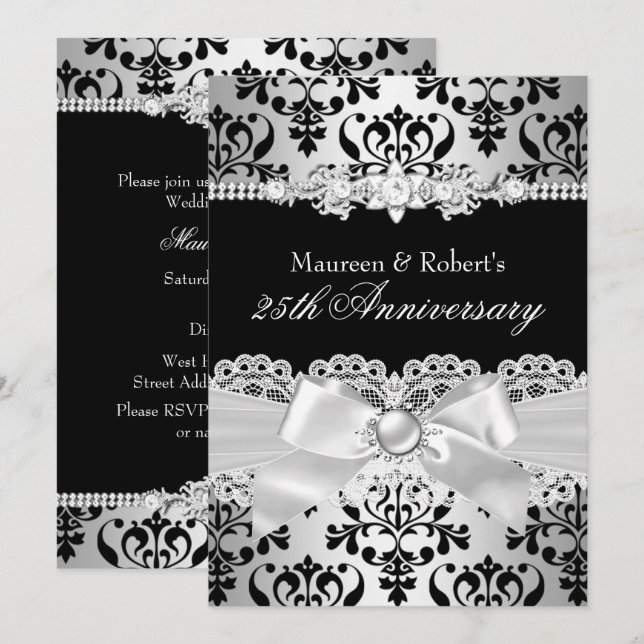 Invitación Black Silver Damask Pearl Bow 25º aniversario (Anverso / Reverso)