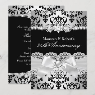 Invitación Black Silver Damask Pearl Bow 25º aniversario