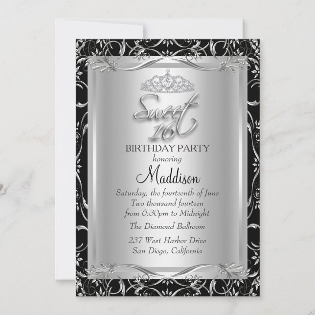 Invitación Black Silver Damask & Tiara Sweet 16 (Anverso)