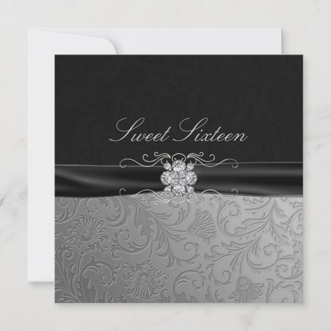invitación Black & Silver Diamond Sweet16 (Anverso)