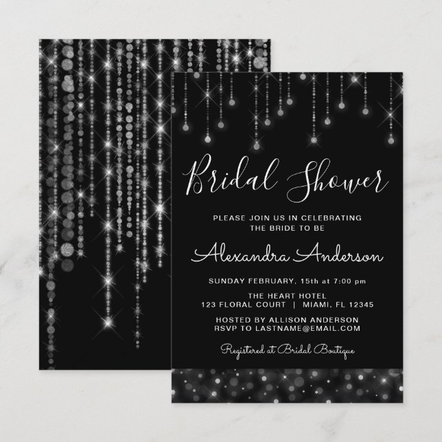 Invitación Black Silver Elegant String ilumina la ducha de no (Anverso / Reverso)