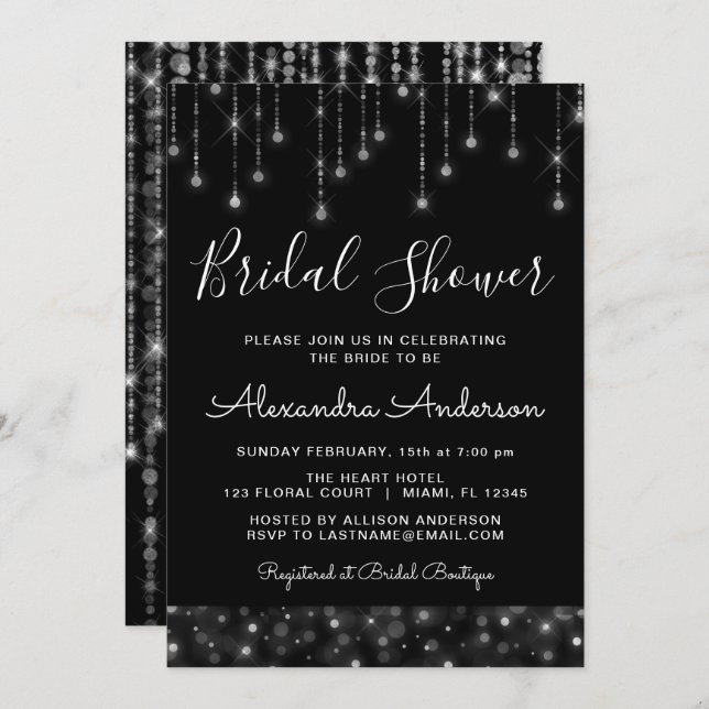 Invitación Black Silver Elegant String ilumina la ducha de no (Anverso / Reverso)