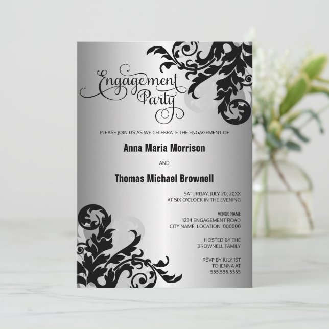 Invitación Black Silver Flourish Engagement Party (Anverso de pie)