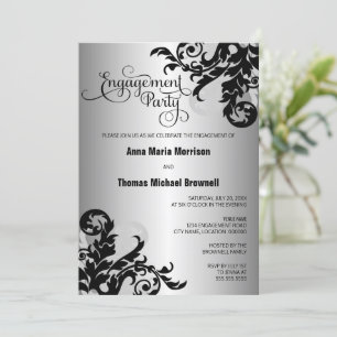 Invitación Black Silver Flourish Engagement Party