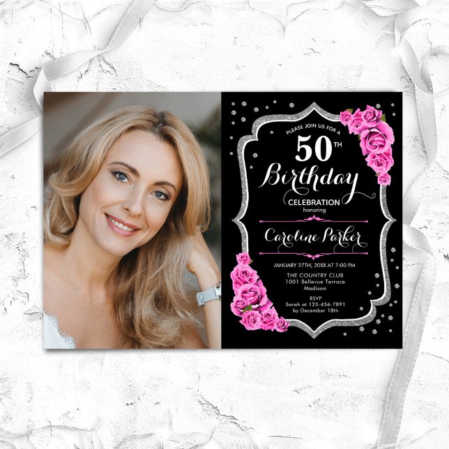 Invitación Black Silver foto rosa 50 cumpleaños (Subido por el creador)