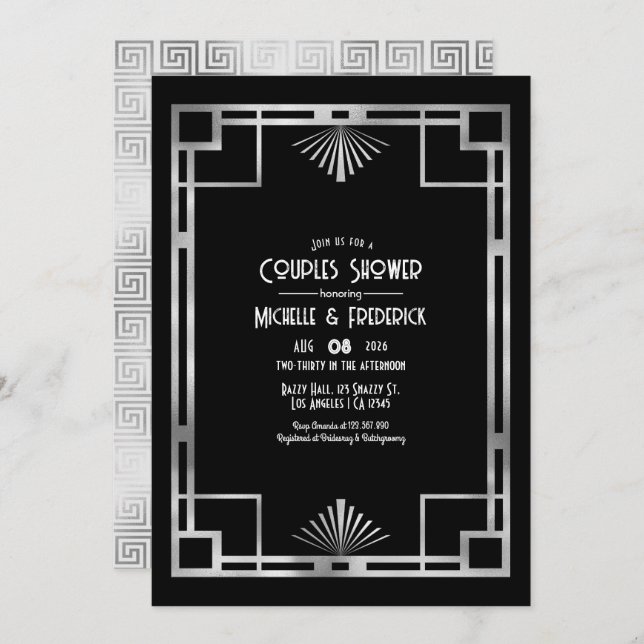 Invitación Black & Silver Gatsby Art Deco Couples Shower (Anverso / Reverso)