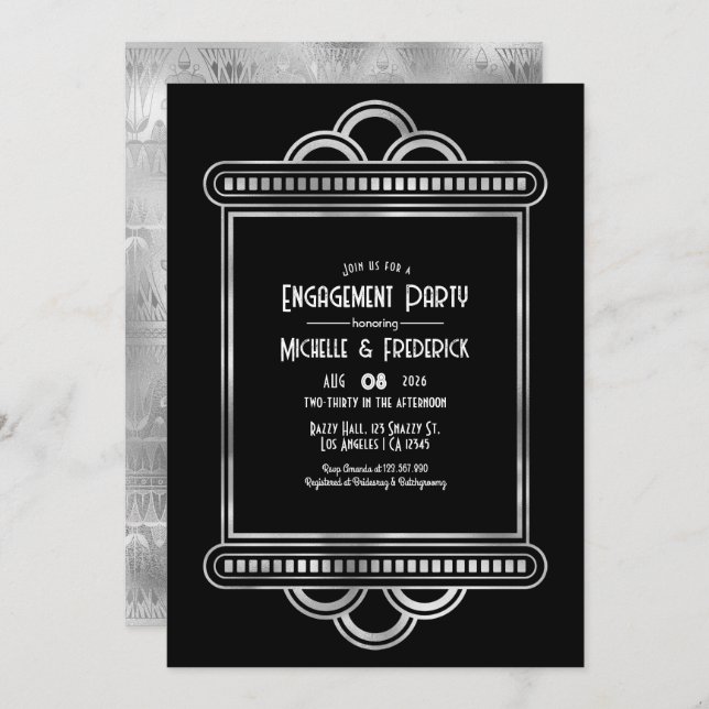 Invitación Black & Silver Gatsby Art Deco Engagement Party (Anverso / Reverso)