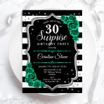 Invitación Black Silver Green Surprise<br><div class="desc">Sorpresa 30.ª Invitación a la fiesta de cumpleaños. Diseño femenino negro, blanco y verde esmeralda con una falsa plata purpurina. Presenta rayas en blanco y negro, rosas, letra de guión y confeti. Perfecto para una elegante celebración del cumpleaños de las mujeres. Se puede personalizar para mostrar cualquier edad. Invitaciones Zazzle...</div>