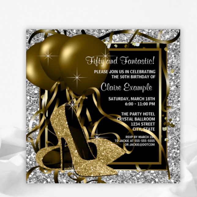 Invitación Black Silver High Heels Fantasmas de cumpleaños (You can change the wording and font style as needed on this any occasion invitation.)