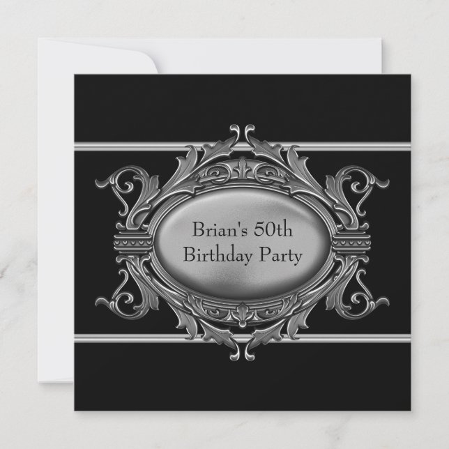 Invitación Black Silver Hombres 50 cumpleaños (Anverso)