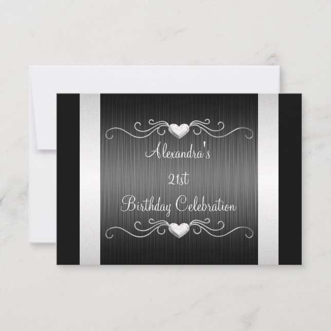 Invitación Black Silver Love Hearts 21st Birthday Event 2 (Anverso)