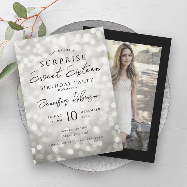 Invitación Black Silver Lughts Photo SURPRISE Sweet 16 (Black Silver Lights Photo SURPRISE Sweet 16 Invitation)