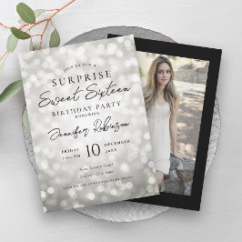 Invitación Black Silver Lughts Photo SURPRISE Sweet 16