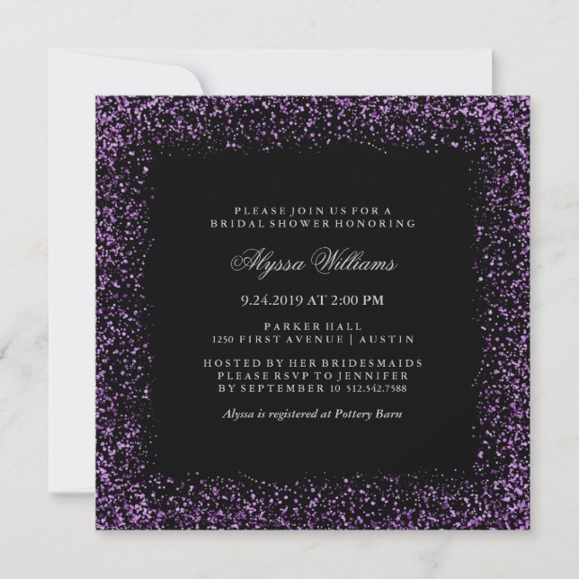 Invitación Black Silver Purple Confetti Glam Bridal Shower (Anverso)