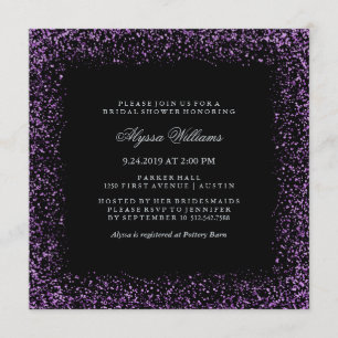 Invitación Black Silver Purple Confetti Glam Bridal Shower