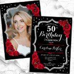 Invitación Black Silver Roses Roses Foto 50 cumpleaños<br><div class="desc">Elegante invitación floral de 50 años con tu foto al fondo de la tarjeta. Diseño rojo y negro de cristal con plata falsa purpurina. Cuenta con rosas rojas, fuente de guión y confiti. Perfecto para un elegante fiesta de celebración de cumpleaños. Personaliza con tus propios detalles. ¡Se puede personalizar para...</div>