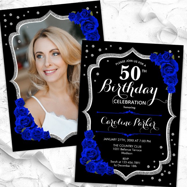 Invitación Black Silver Royal Blue Photo 50 cumpleaños (Subido por el creador)