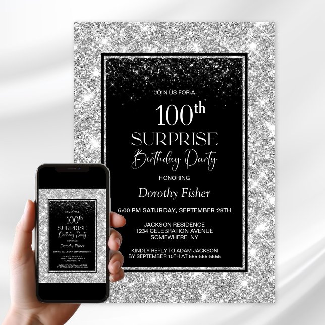 Invitación Black Silver Sorprende 100 cumpleaños (Subido por el creador)