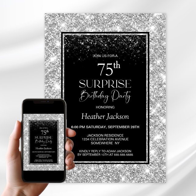 Invitación Black Silver Sorprende 75th Birthday Party (Subido por el creador)