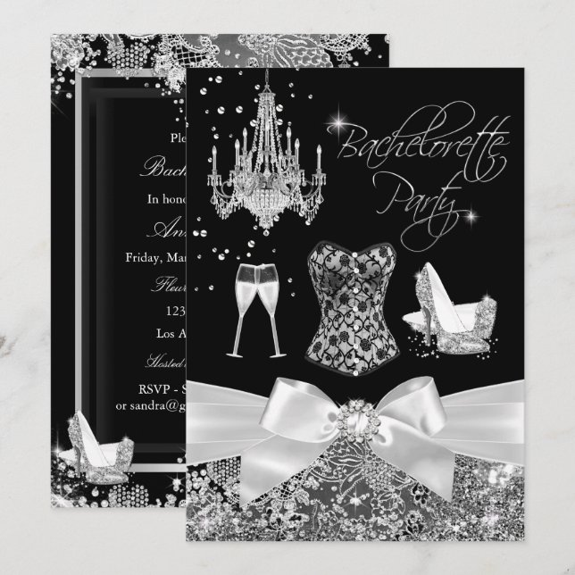 Invitación Black Silver Sparkle Bow Bachelorette Party (Anverso / Reverso)