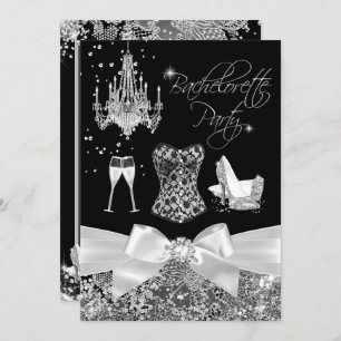 Invitación Black Silver Sparkle Bow Bachelorette Party